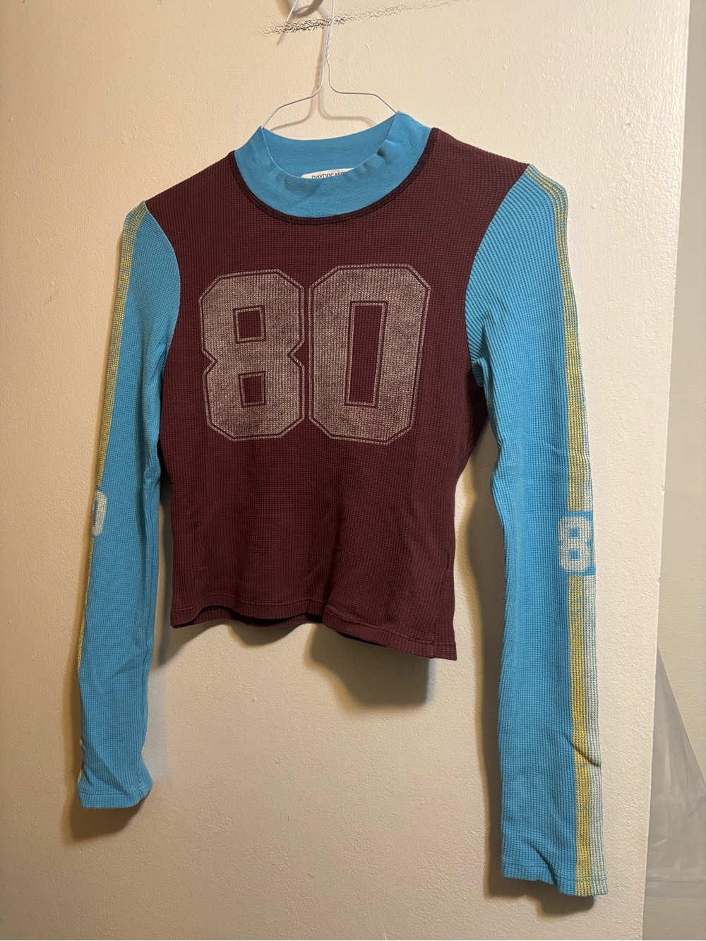 Free People Daydreamer Blue and Maroon '80' Long Sleeve Crop Top, GUC
